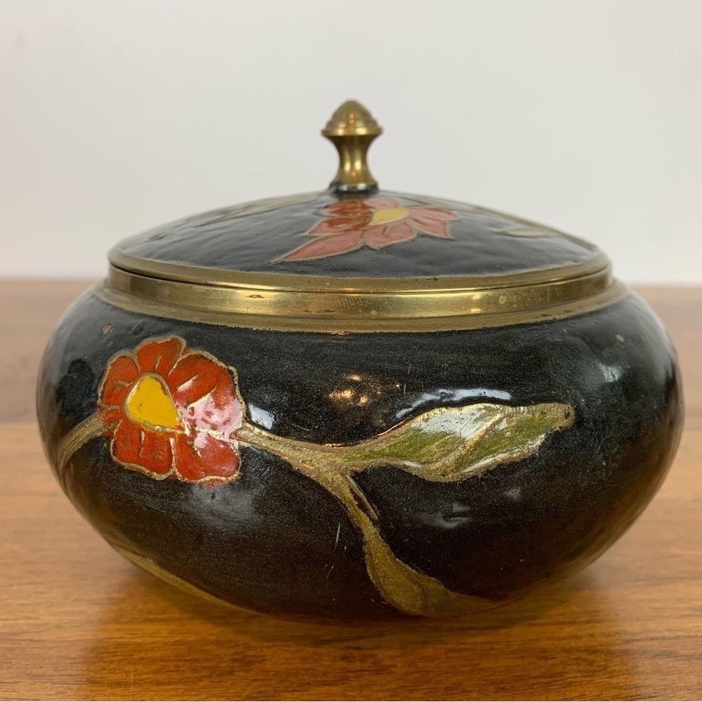 Enamel Brass Trinket Box With Lid Flowers Floral Black Red Orange Green Vintage